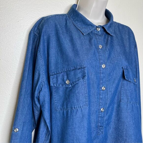 Audrey Lane Chambray Denim Popover Tunic Long Sleeve Roll Tab Cotton Women 2X - Picture 2 of 13